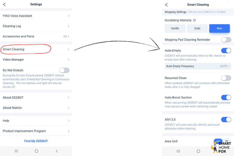 Die Smart Cleaning Einstellungen sind in der ECOVACS HOME App zu sehen